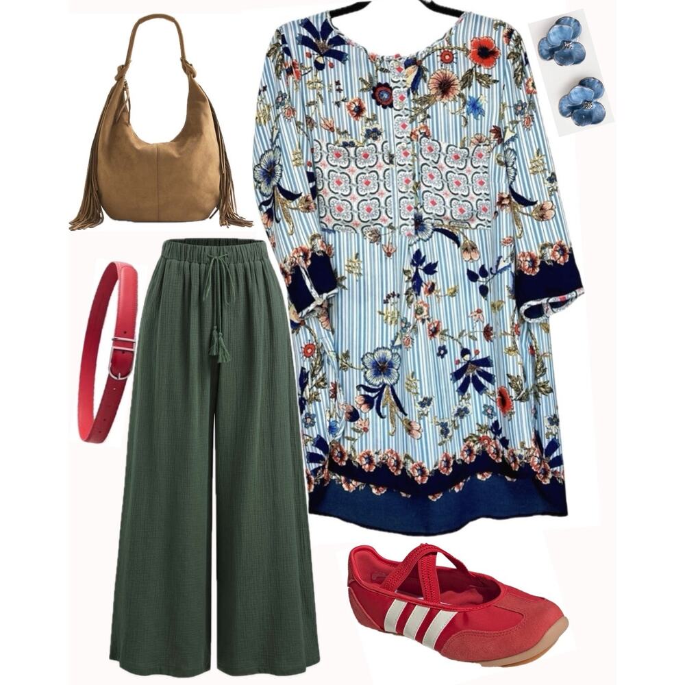 Fig & Flower 1X Floral Tunic Top Blue Mixed Print Boho Artsy Lagenlook Blouse